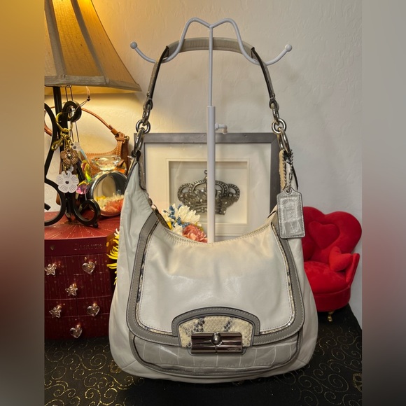 Coach Kristen Spectator Cream and Gray Alligator and Snake Embossed Shoulder Bag - Picture 1 of 16